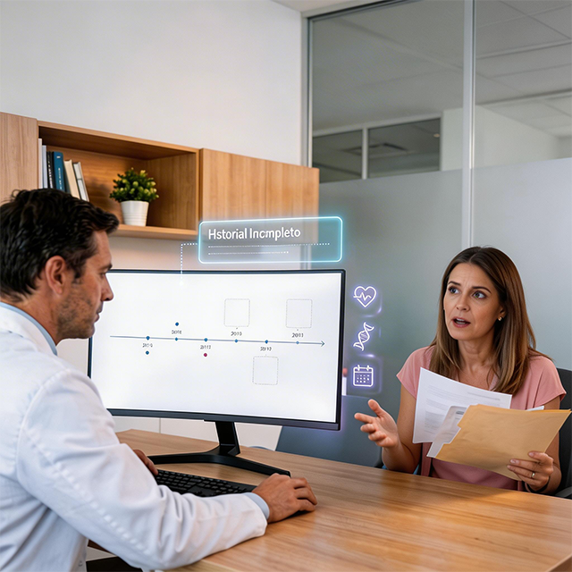 Padre agotado buscando historial médico en papeles — problema de expedientes fragmentados en México