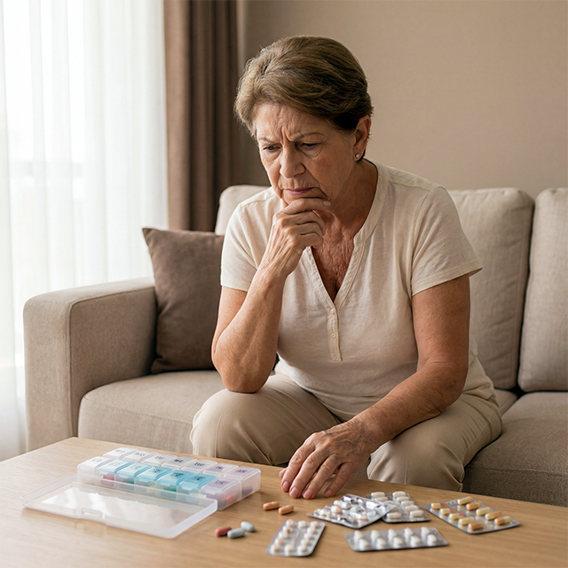 Adulta mayor con medicamentos — recordatorio de tratamiento médico y control de dosis familiar
